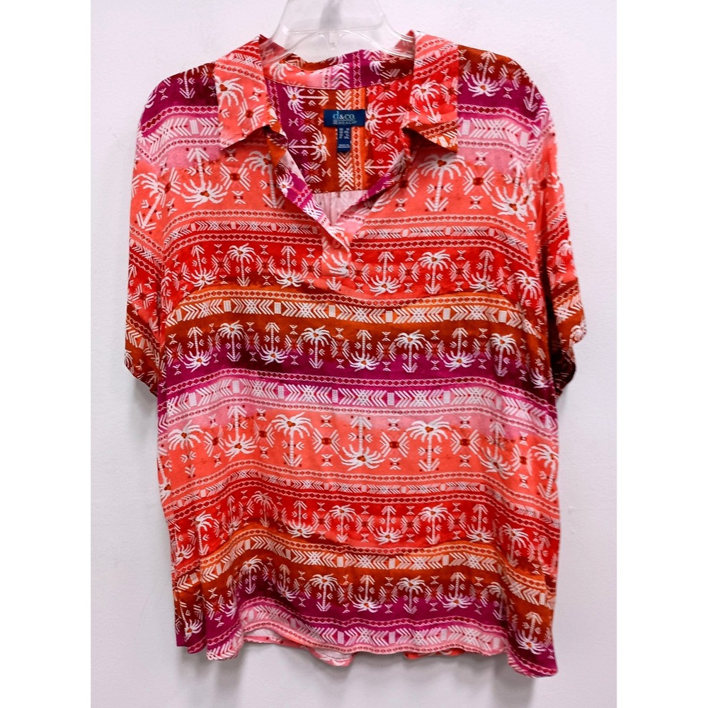 Cenim&co BEACH Henley Top Womens 1X Orange Palm Tree Tribal Short Sleeve